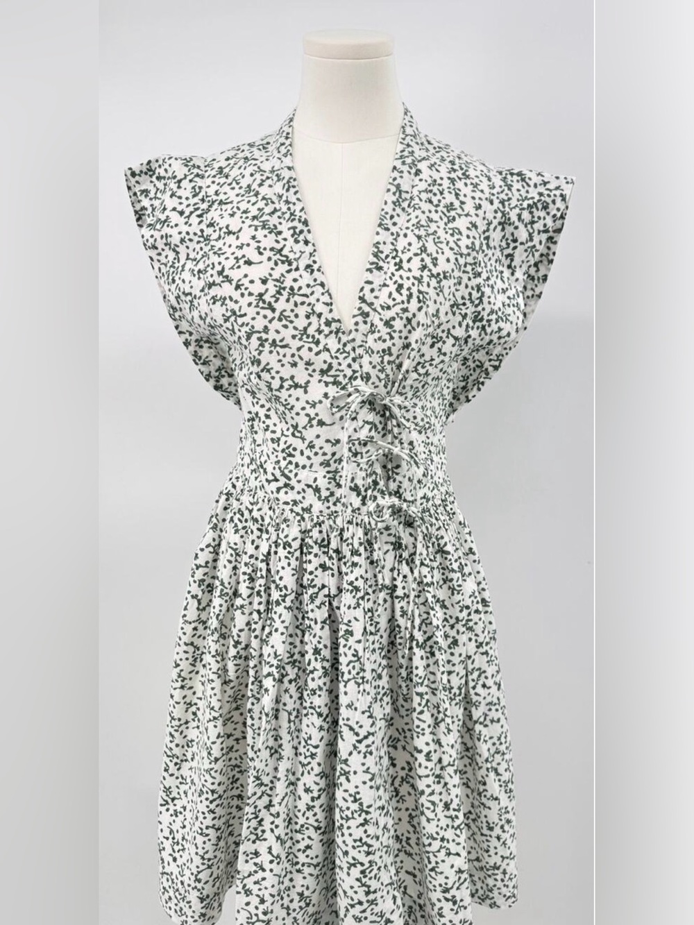 Mirth White Green Wrap Dress Handmade Cotton Block Print Cap Sleeve Short S